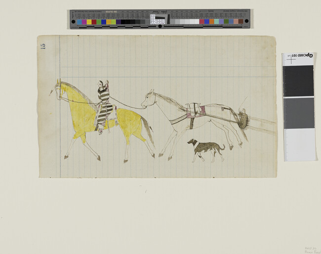 Alternate image #1 of Woman and Child on Horseback Leading another Horse with a Child in a Travois and a Dog, page number 15, from a Roan Eagle Ledger