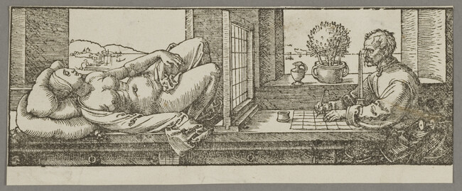 Alternate image #1 of Draughtsman Making a Perspective Drawing of a Reclining Woman, from Underweysung der Messung (The Manual of Measurement)