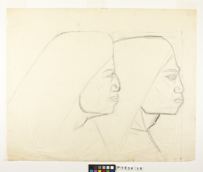 Alternate image #1 of Study of Two Heads of Indigenous Figures in Profile for The Coming of Quetzalcoatl (Panel 5) for The Epic of American Civilization, 1932-1934