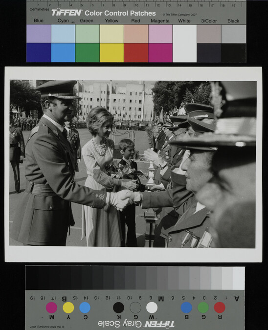 Alternate image #1 of King Juan Carlos, Queen Sophie and their son Crown Prince Philipe being welcomed to the Parade in Madrid for Armed Forces Day. Spain, 1977