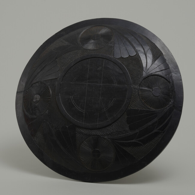 Alternate image #1 of Argillite Plate with Semi-Circular Compass Rose and Tobacco Leaf Motifs with a Cross Hatched Rectangle in the Center