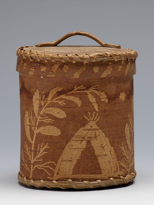 Alternate image #1 of Etched Birch Bark Cylindrical Container with Lid, Depicting a Teepee and Tree