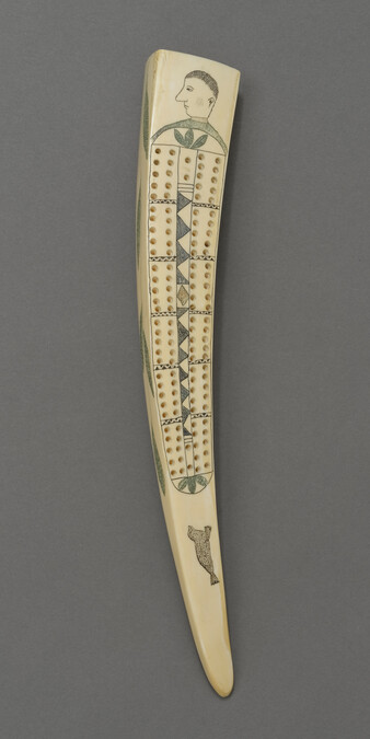 Alternate image #1 of Ivory Cribbage Board: Paired Holes with a Human Head, Green Leaves and a Seal; Reverse: Scene of a Man with a Whip with Two Dogs and a Reindeer and a Hunter Aiming a Bow and Arrow at a Brown Bear and Two Seals