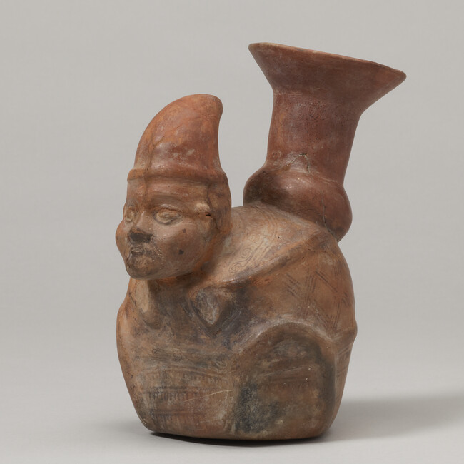 Alternate image #1 of Single-Spout Effigy Vessel in the Form of a Man carrying a Bundle