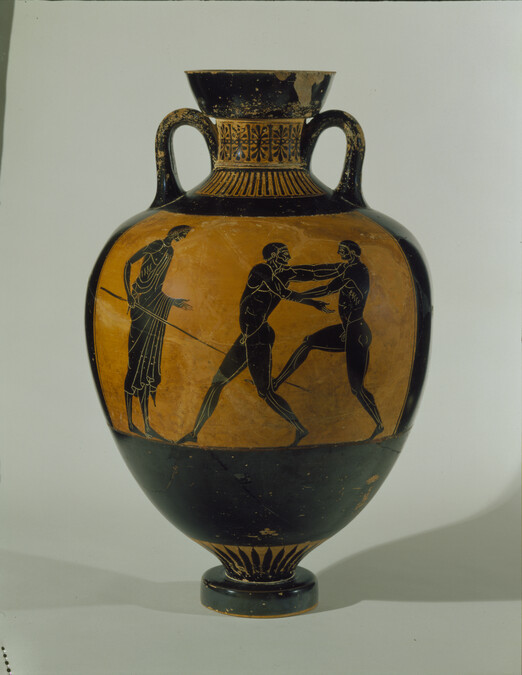 Alternate image #2 of Black-figure Panathenaic Prize Amphora depicting Athena between Columns (side a); Wrestlers and Judge with Staff (side b)