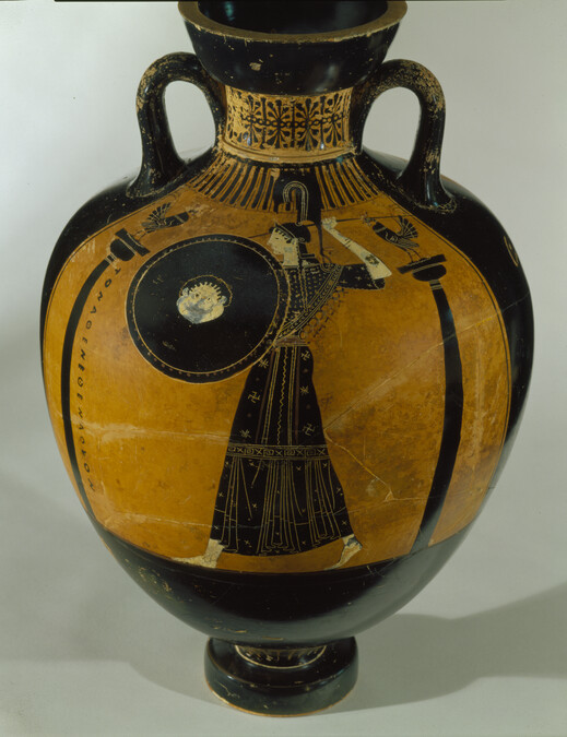 Alternate image #1 of Black-figure Panathenaic Prize Amphora depicting Athena between Columns (side a); Wrestlers and Judge with Staff (side b)