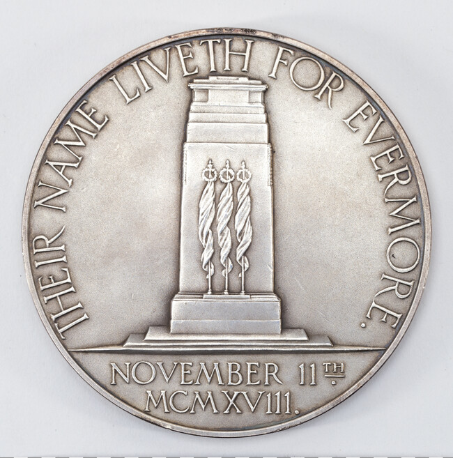 Alternate image #1 of British Commemorative Medal for the Unveiling for the Cenotaph at Whitehall; Two Figures (obverse); Cenotaph (reverse)