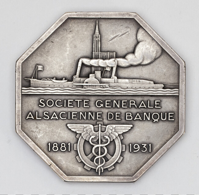 Alternate image #1 of Woman with Cornucopia (obverse); Riverboat and Strasburg Cathedral, Societe Generale Alsacienne de Banque (Alsatian General Society of Banking) (reverse)