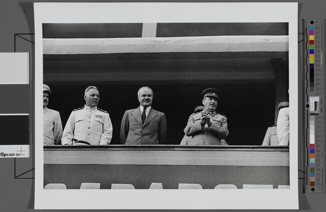 Alternate image #1 of Voroshilov, Molotov and Stalin on the dais of the Dynamo Stadium, Moscow (left panel of panorama)