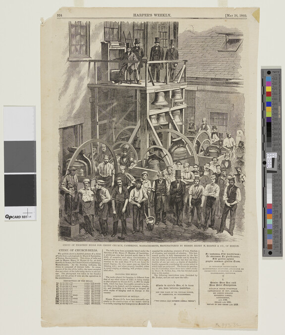 Alternate image #1 of Chime of Thirteen Bells for Christ Church, Cambridge, Mass., Manufactured by Messrs. Henry N. Hooper & Co., of Boston, Harper's Weekly, May 26, 1860, page 324