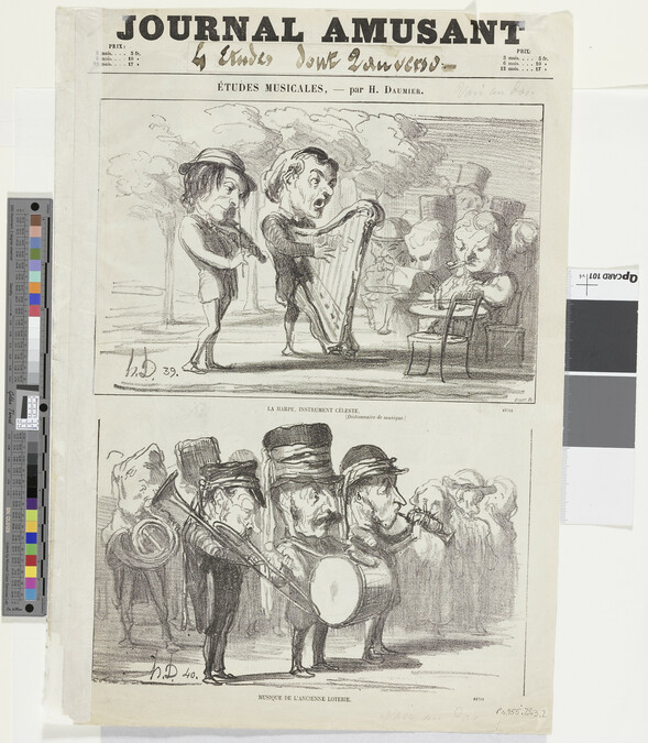 Alternate image #1 of La Harpe, Instrument Céleste (The Harp, Celestial Instrument) and Musique de l'Ancienne Loterie (Music of the Old Lottery), from the series Études Musicales (Musical Studies) in the Journal Amusant (PR.955.73.3.1 on recto)