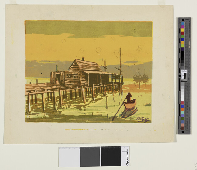 Alternate image #1 of Untitled.  Scene with wooden pier, building at end, ship's silhouette...
