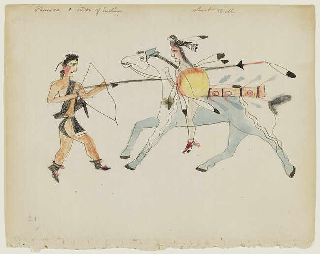 Untitled (Short Bull Counting Coup on a Chaticks Si Chaticks (Pawnee) Warrior), page number 21, from a Short Bull notebook