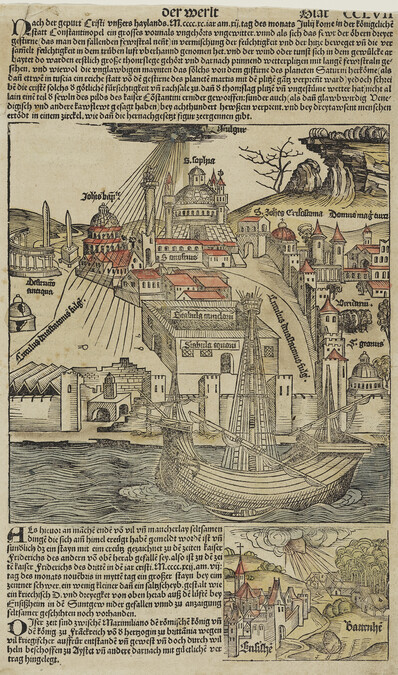Page 257 from the Nuremberg Chronicle depicting the Great Lightning Strike in Istanbul (1490) and the Fall of a Meteorite in Alsace (1492)