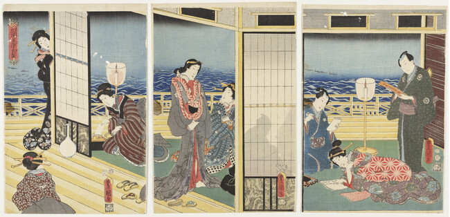 A Six Panel Composition Mounted in Two Triptychs; Triptych 1, panels 1-3: Related Sleeves in Bay-dye (Sono yukari sode ga urazome) [Triptych 2, panels 4-6 (2006.65.7.2): Mutually Creating Genji (Ai moyō Genji jitate)]