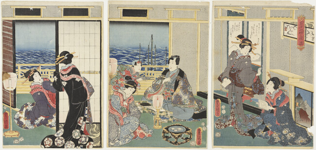 A Six Panel Composition Mounted in Two Triptychs; Triptych 2, panels 4-6: Mutually Creating Genji (Ai moyō Genji jitate) [Triptych 1, panels 1-3 (2006.65.7.1): Related Sleeves in Bay-dye (Sono yukari sode ga urazome)]