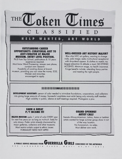 The Token Times Classified, from the portfolio Guerrilla Girls' Most Wanted: 1985-2006