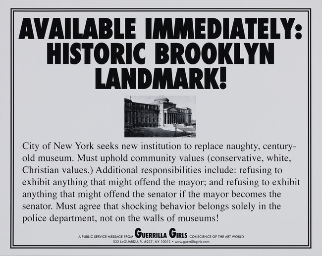 Available Immediately: Historic Brooklyn Landmark!, from the portfolio Guerrilla Girls' Most Wanted: 1985-2006