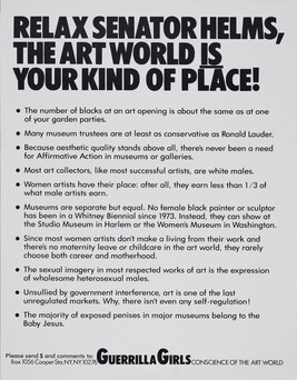 Relax, Senator Helms, the Art World is your kind of Place!, from the portfolio Guerrilla Girls' Most...