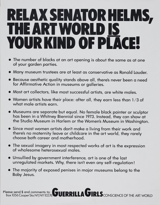 Relax, Senator Helms, the Art World is your kind of Place!, from the portfolio Guerrilla Girls' Most Wanted: 1985-2006