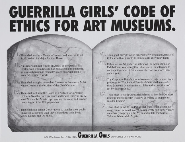 Guerrilla Girls' Code of Ethics for Art Museums, from the portfolio Guerrilla Girls' Most Wanted: 1985-2006