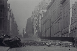 Barricade and overturned car, rue St. Jacques; the Sorbonne is to the right, May 11, 1968