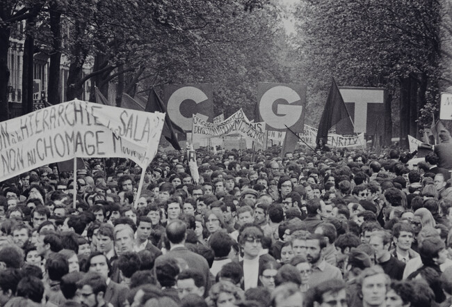 Demonstration with workers carrying CGT banner (Confédération générale du travail, or Heneral Confederation of Labor), May 13, 1968