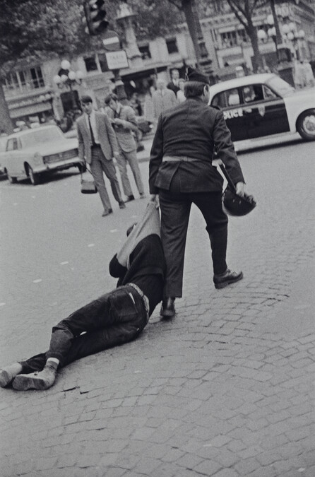 Arrested protestor at the demonstration of artists, writers, and students, Place du Palais Royal, July 16, 1968