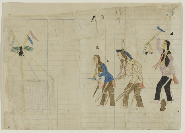 Untitled (Joined Ledger Pages: Sun Dance Medicine Lodge / Social Dancers), from an unidentified ledger
