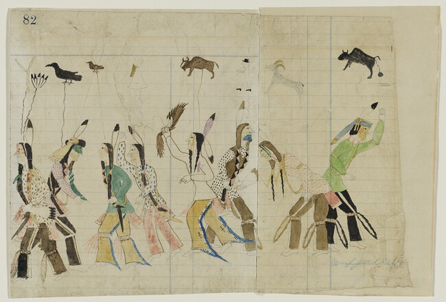 Untitled (Joined Ledger Pages: Social Dancers, including part of page number 82), from an unidentified ledger