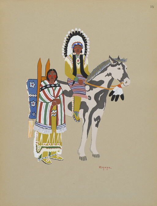 Kiowa Warrior and Wife; number 16; from the portfolio: Kiowa Indian Art, Watercolor Paintings in Color by the Indians of Oklahoma