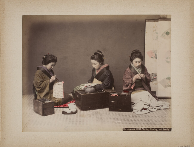 Japanese Girls Writing, Reading, and Sewing, from a Photograph Album