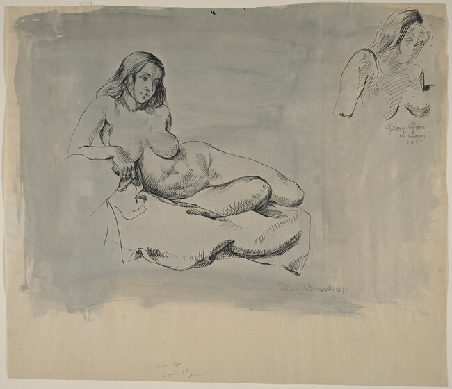 Studies of a Female Model Posing for Life Class (central figure by Bischoff; upper right sketch by Grosz)