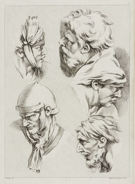 Study of Five Heads, from Receuil de différents caractères des testes dessinées d'apres la Colonne...