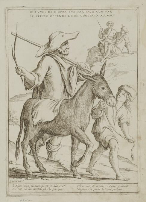 Plate I, from a series of six illustrations for Aesop's Fable, 'The Man, the Boy, and the Donkey' (Chi vuol de l'opra sua far pago ogn'uno se stesso offende e non contenta alcuno)

