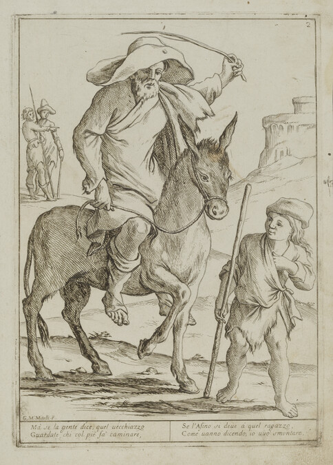 Plate II, from a series of six illustrations for Aesop's Fable, 'The Man, the Boy, and the Donkey' (Chi vuol de l'opra sua far pago ogn'uno se stesso offende e non contenta alcuno)
