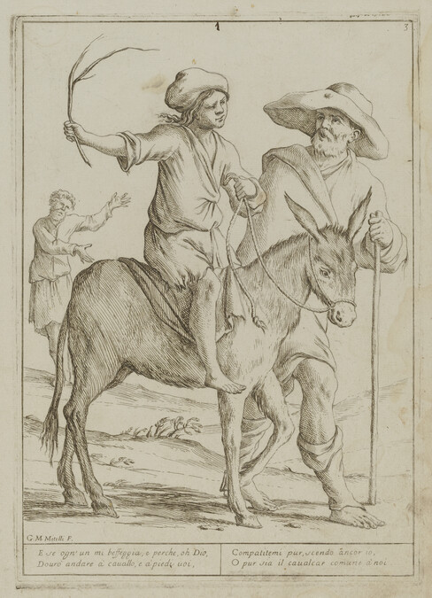Plate III, from a series of six illustrations for Aesop's Fable, 'The Man, the Boy, and the Donkey' (Chi vuol de l'opra sua far pago ogn'uno se stesso offende e non contenta alcuno)