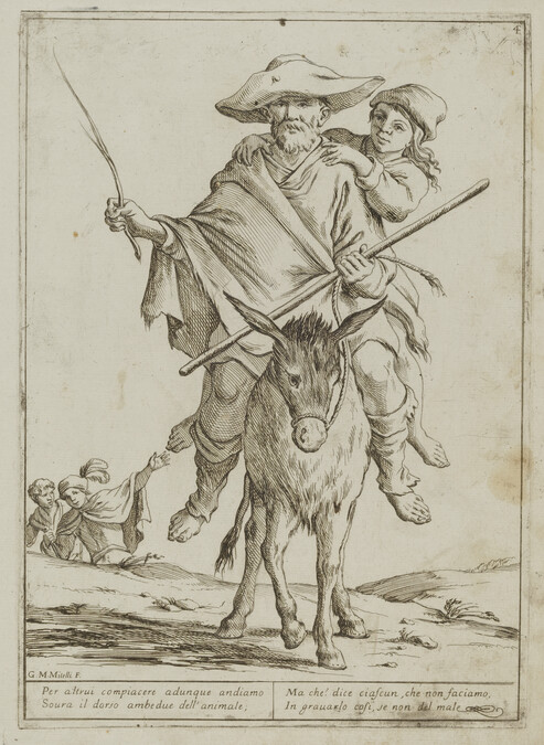 Plate IV, from a series of six illustrations for Aesop's Fable, 'The Man, the Boy, and the Donkey' (Chi vuol de l'opra sua far pago ogn'uno se stesso offende e non contenta alcuno)