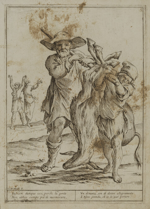 Plate V, from a series of six illustrations for Aesop's Fable, 'The Man, the Boy, and the Donkey' (Chi vuol de l'opra sua far pago ogn'uno se stesso offende e non contenta alcuno)