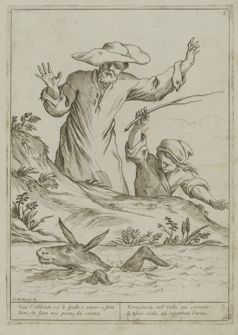 Plate VI, from a series of six illustrations for Aesop's Fable, 'The Man, the Boy, and the Donkey' (Chi vuol de l'opra sua far pago ogn'uno se stesso offende e non contenta alcuno)