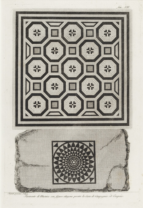 Pavimento di Musaico con figure ottagone presso la Casa di Campagnia. À Pompeïa, plate XII of XII, from the portfolio Diversi ornati delle Pareti, Volte, e Pavimenti di Musaico esistenti nelle cammere della Casa di Campagnia di Pompeia (Mosaic floor with octagon figures near the House of the Country at Pompeii, from the poertfolio Different ornaments of the existing walls, vaults, and mosaic floors in the room of the House of the Country in Pompeii)