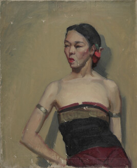 Woman with Armbands in Black and Red Dress