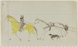 Woman and Child on Horseback Leading another Horse with a Child in a Travois and a Dog, page number 15,...