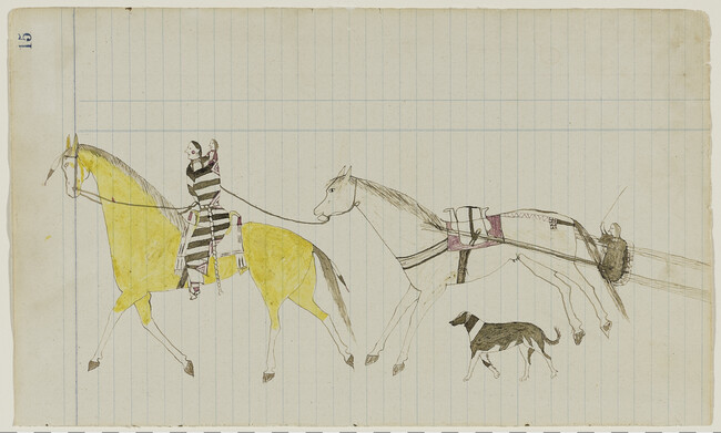 Woman and Child on Horseback Leading another Horse with a Child in a Travois and a Dog, page number 15, from a Roan Eagle Ledger