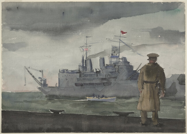 Untitled (Figure in Trenchcoat observing Naval Vessel)