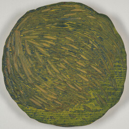 Woodblock for the print Inheritance (green ink, round shape)