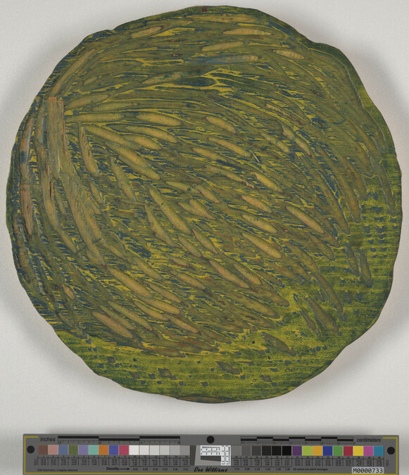 Alternate image #1 of Woodblock for the print Inheritance (green ink, round shape)
