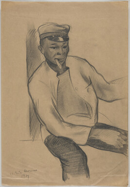 Portrait of African American man in Purser's Uniform, Smoking a Cigarette aboard U.S.S. Mormus