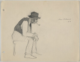 Seated elderly African - American male in profile, with pipe, wearing hat