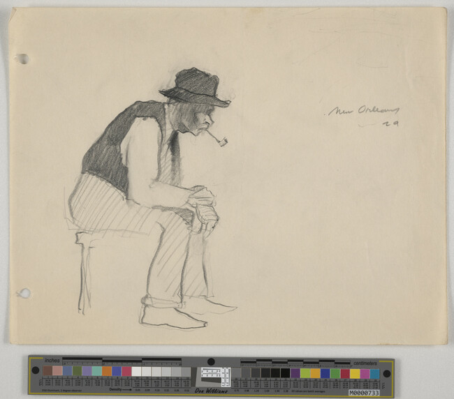 Alternate image #1 of Seated elderly African - American male in profile, with pipe, wearing hat